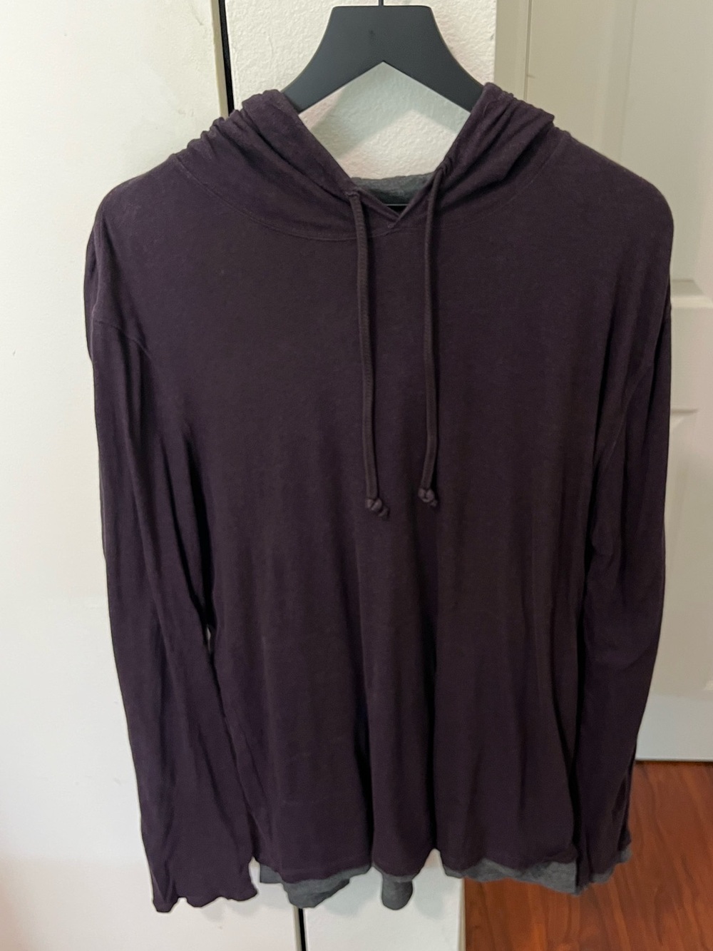 Vince Men’s Double Layer Plum Grey Jersey Pullover Hoodie Pima Cotton